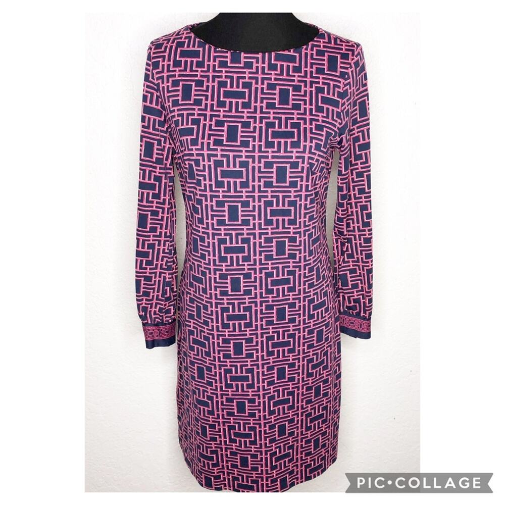 Elizabeth McKay navy blue pink geometric print shift dress size Medium